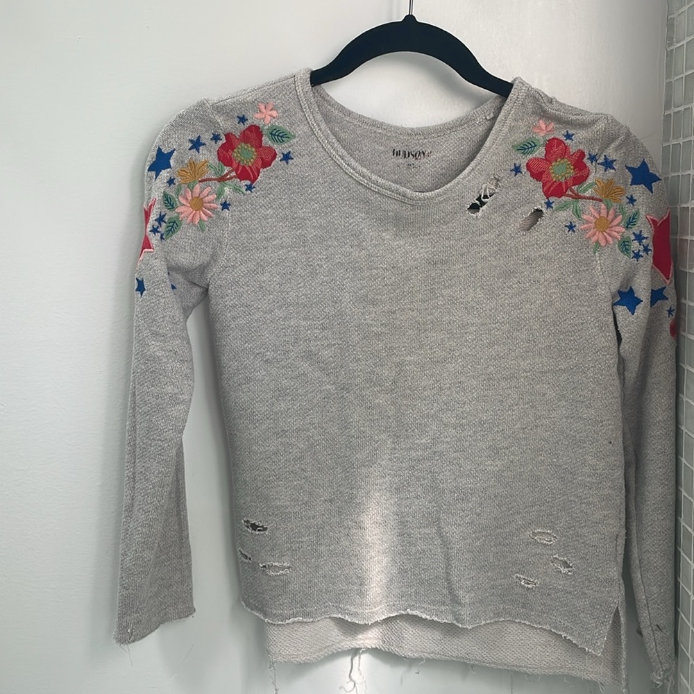 Hudson Kids Gray Sweatshirt with Colorful Star and Floral Design